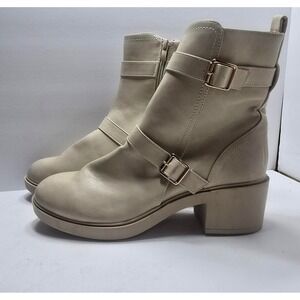Elditas Womens Beige Buckle Strap Ankle Boots Chunky Block Heel Size 11M